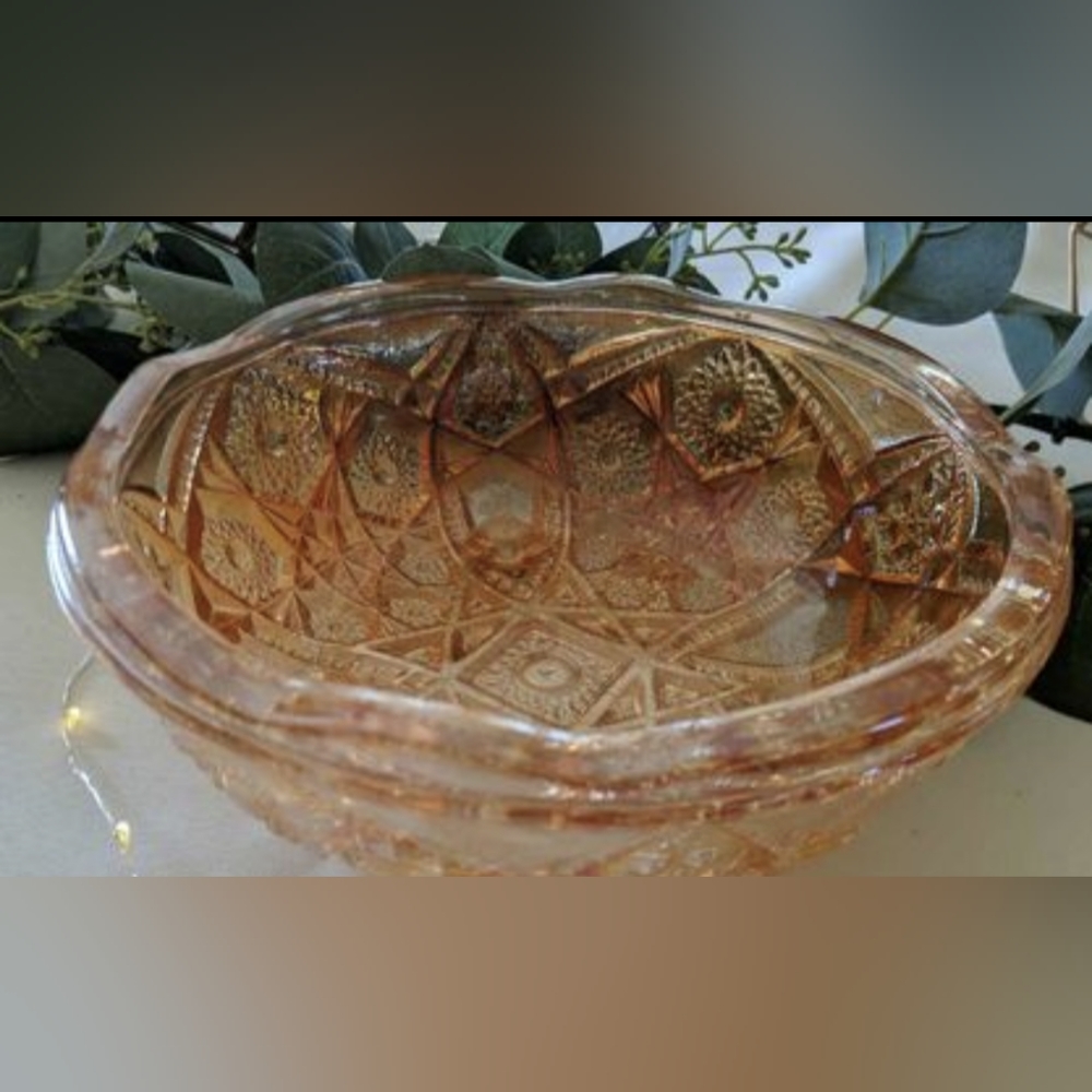 VNTG Marigold Pressed Iridescent Carnival Glass 3-Foot Hobstar Arches 7-In Bowl